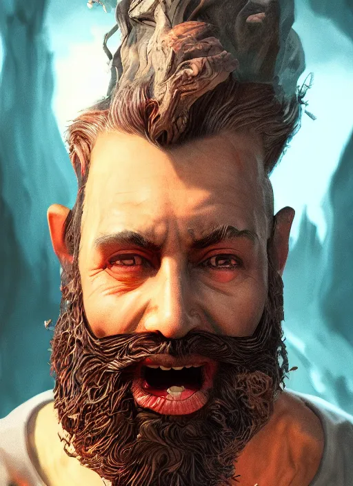 Image similar to A comic book style portrait painting of a crazed wizard with a beard in a stunning fantasy landscape, unreal 5, DAZ, hyperrealistic, octane render, RPG portrait, dynamic lighting