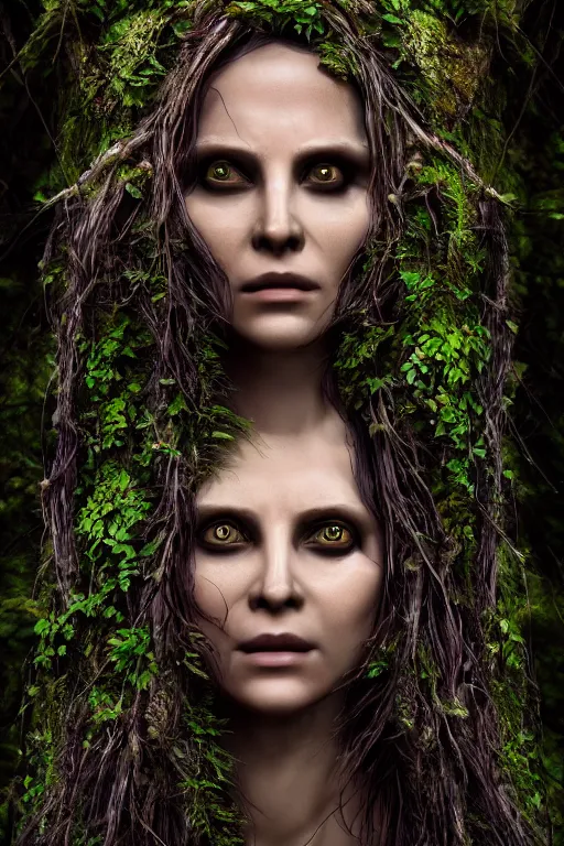 Image similar to A hyper real photo of a female dryad, whose face is made of wood, rendered in unreal, 4k, subtle horror theme, menacing.