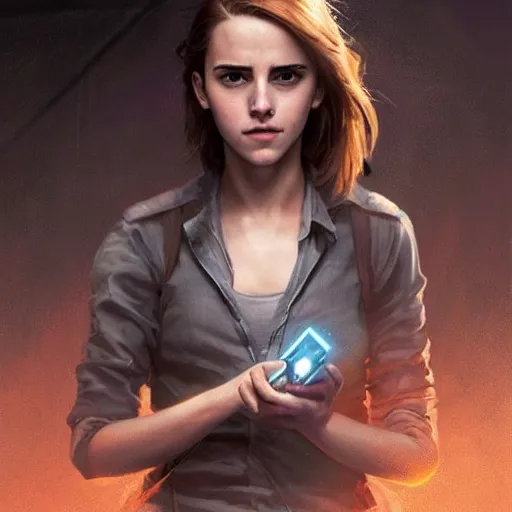 Image similar to a girl who is a mix of emma watson and scarlett johansson and nathalie portman, plugging herself to a computer through an usb cable and a port in her arm, very detailled, by david rutkowski and artgem