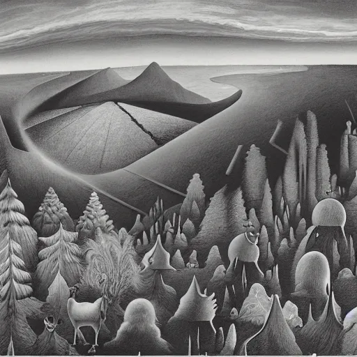 Image similar to A Surreal Landscape by Charles Addams