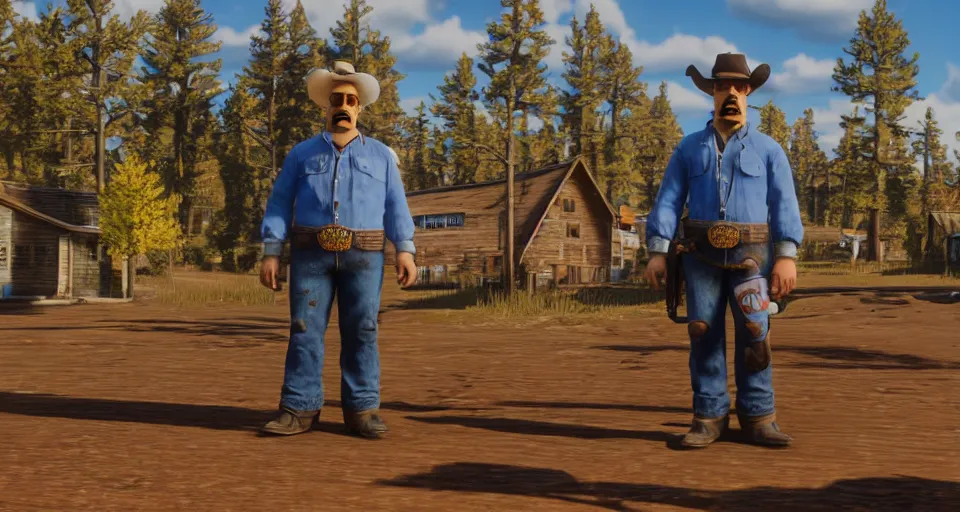 Image similar to Screenshot of Homer Simpson as a 3d cowboy in full cowboy attire in the videogame 'Red Dead Redemption 2'. Sharpened. 1080p. High-res. Ultra graphical settings.