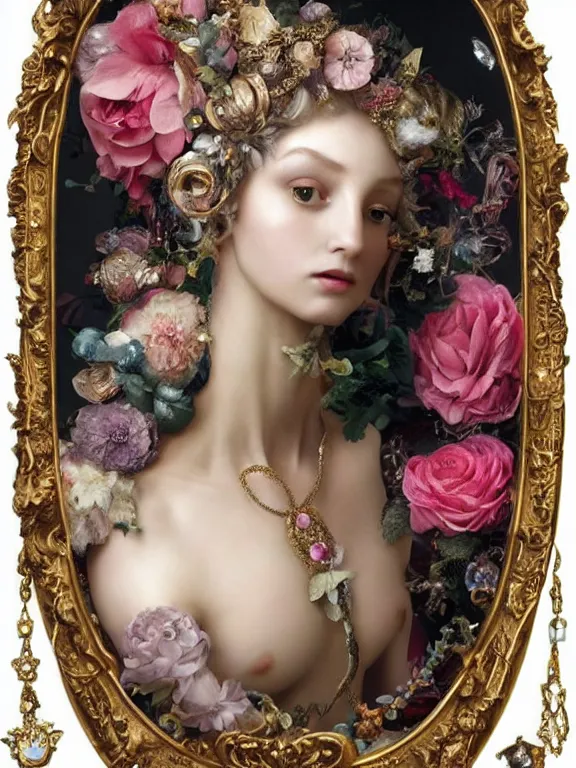Prompt: a 65mm fashion portrait of a fairy lady sculpture who has rococo dramatic headdress with baroque intricate fractals of roses,dressing pearls tassels, made of crystal,by tom bagshaw,Cedric Peyravernay,Virginie Ropars ,William Holman Hunt,GUCCI,DIOR,trending on pinterest,hyperreal,jewelry,gold,maximalist