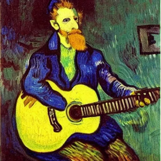 Image similar to oil painting of a sonic plays guitar by vincent van gogh