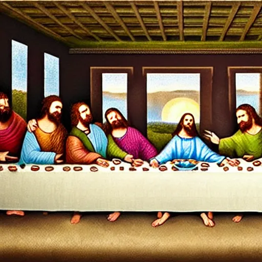 Image similar to the last supper with an alien sitting in the middle of the table