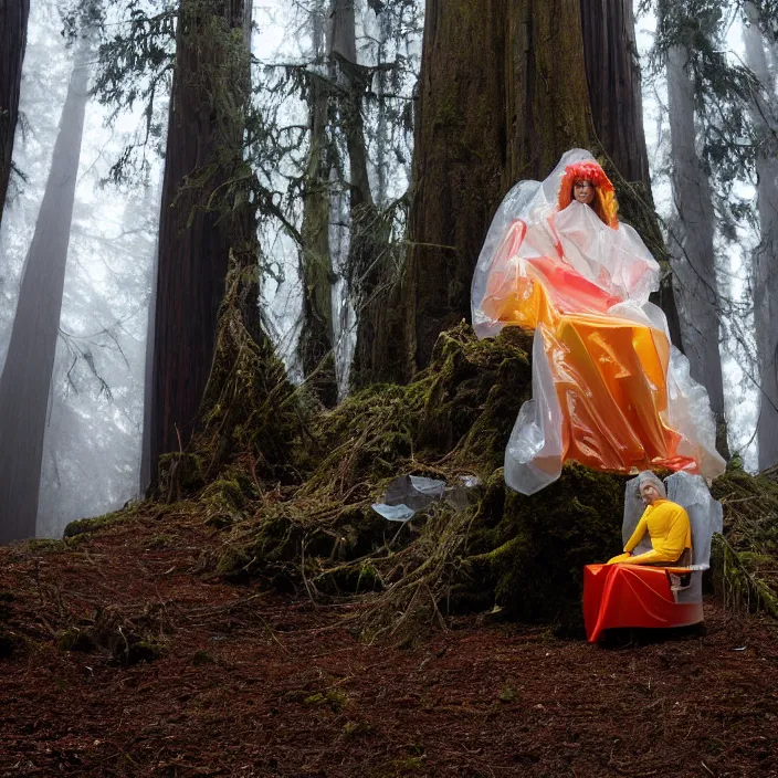 Prompt: a color photograph, closeup portrait of a woman wrapped in plastic, sitting in a plastic throne, in a foggy redwood forest, color photograph, by vincent desiderio, canon eos c 3 0 0, ƒ 1. 8, 3 5 mm, 8 k, medium - format print