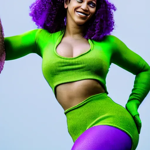 Prompt: Singer Beyoncé as the She-Hulk with green skin and dark green hair, wearing a white leotard with two purple vertical stripes, green skinned, wearing purple and white fingerless gloves, wearing purple and white sneakers, mini skirt, smiling, detailed legs, hyperreal, surreal, bokeh, tilt shift photography, green arms, green legs, green face,