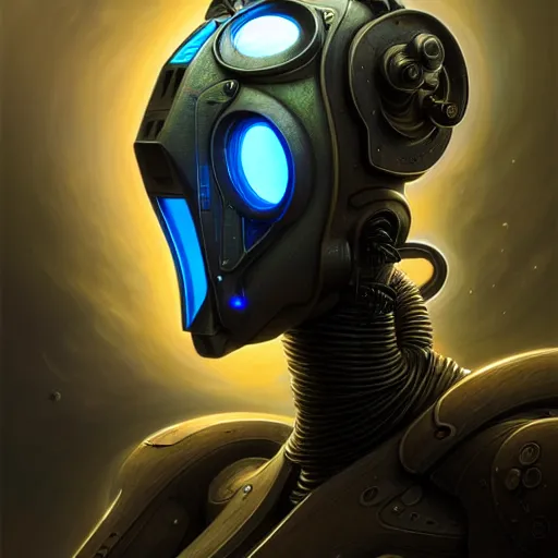 Image similar to front low angle shot of a cyberpunk gazmask robot character, intricate, elegant, highly detailed, centered, digital painting, artstation, concept art, smooth, sharp focus, illustration, artgerm, Tomasz Alen Kopera, Peter Mohrbacher, donato giancola, Joseph Christian Leyendecker, WLOP, Boris Vallejo