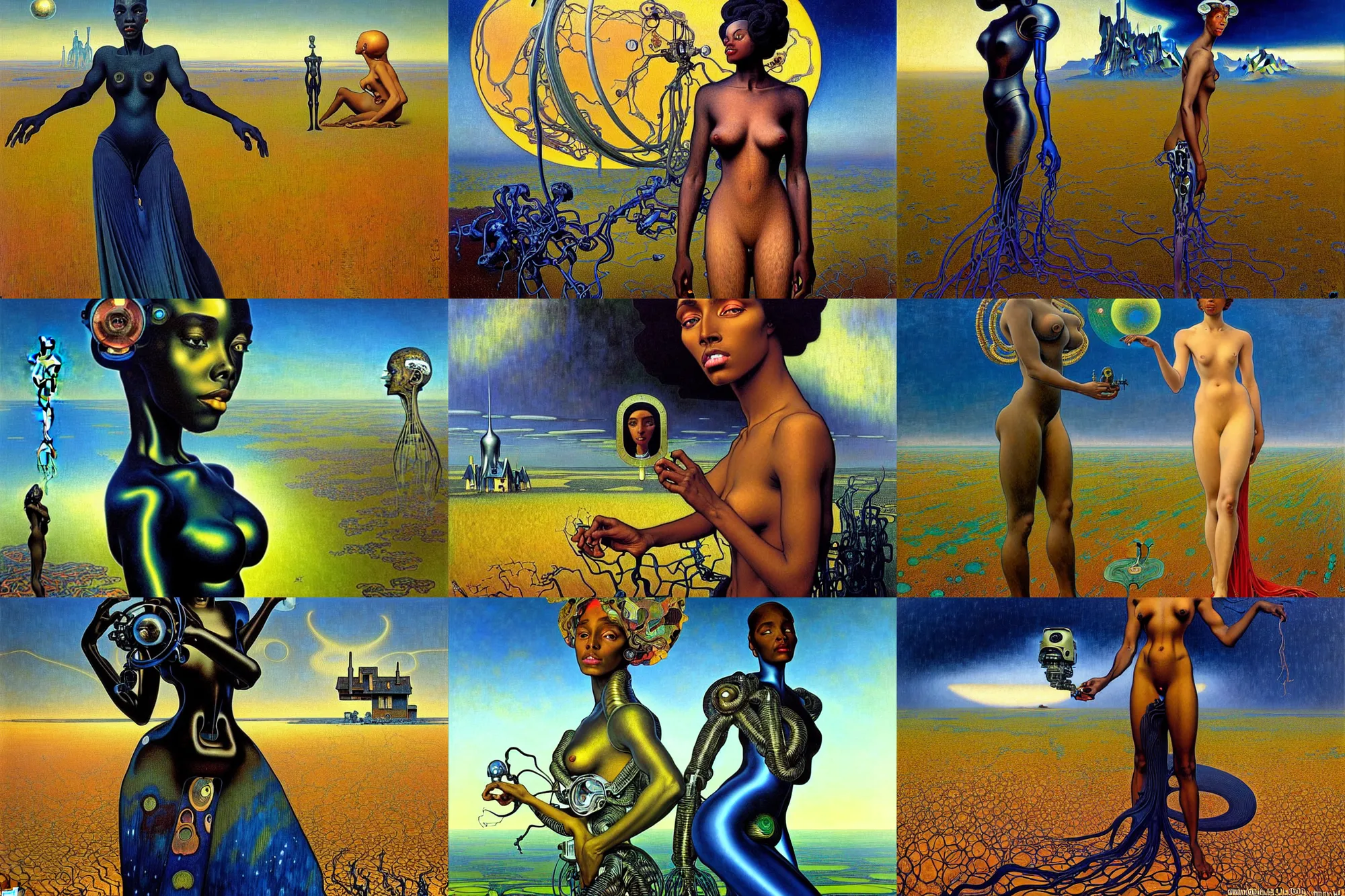 Prompt: realistic extremely detailed portrait painting of a beautiful black woman with a robot, futuristic landscape with a single old house on background by Jean Delville, Amano, Yves Tanguy, Alphonse Mucha, Mark Brooks, Ernst Haeckel, Edward Robert Hughes, Roger Dean, rich moody colours, blue eyes