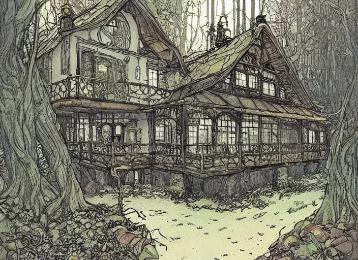 Prompt: house in a clearing in the middle of the forest, beautifully lit, steampunk, by rebecca guay, by francois schuiten