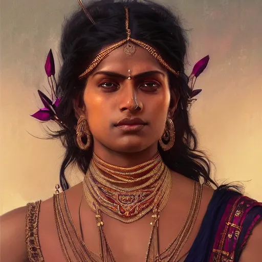 Prompt: portrait painting of dark muscular indian royal woman, looking into camera seductively, ultra realistic, concept art, intricate details, eerie, highly detailed, photorealistic, octane render, 8 k, unreal engine. art by artgerm and greg rutkowski and alphonse mucha