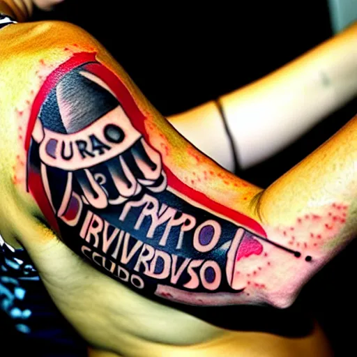 arm tattoo written'cuidado imprevisto', Stable Diffusion