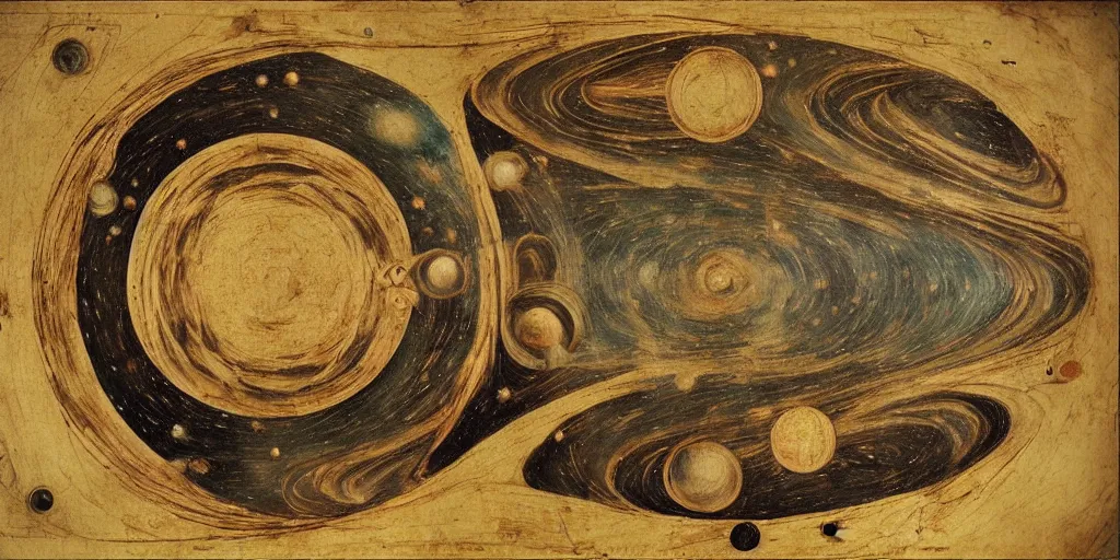Image similar to the creation of the universe, planets and stars, in the style of leonardo da vinci