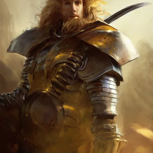 Prompt: portrait of a big, long haired blonde man with a mechanical left arm, wearing a brown leather armor, DnD, fantasy, digital art by Ruan Jia