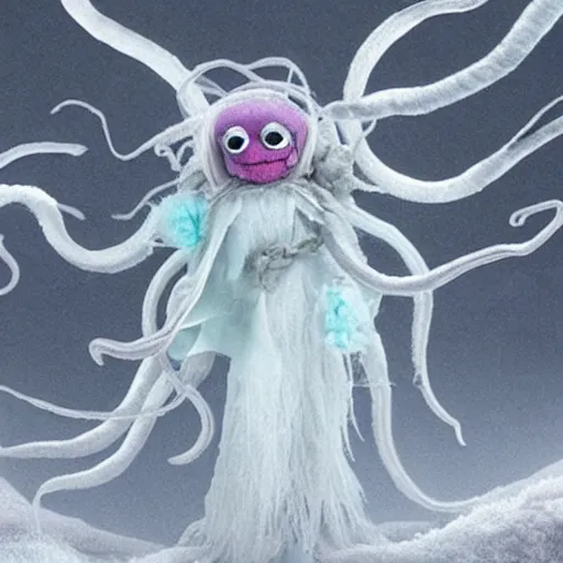 Image similar to an ethereal dream like fantasy fluffy ghost like spooky live action muppet wraith like figure with a squid like parasite latched as its head and four long tentacles for arms that flow gracefully at its sides like a cloak while it floats around a frozen rocky tundra in the snow searching for lost souls and that hides amongst the shadows in the trees, this character has hydrokinesis and electrokinesis is a real muppet by sesame street, photo realistic, real, realistic, felt, stopmotion, photography, sesame street