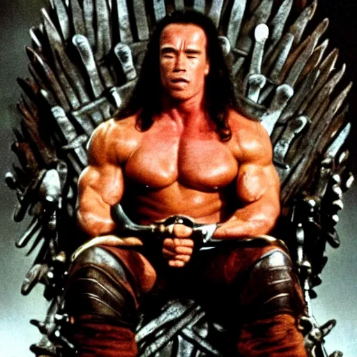 Image similar to film still of arnold schwarzenegger as conan the barbarian sitting on the iron throne