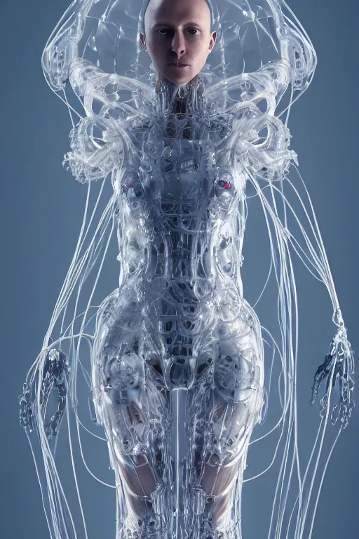 Image similar to iris van herpen, perfect symmetrical body, full body shot, inflateble shapes, wires, tubes, veins, jellyfish, white biomechanical details, wearing epic bionic cyborg implants, masterpiece, intricate, biopunk, vogue, highly detailed, artstation, concept art, cyberpunk, octane render