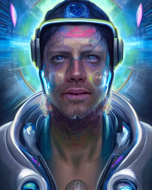 Prompt: a futuristic male hippie wearing tie - dye and cybernetic - implants | cyberpunk art | highly detailed | very intricate | symmetrical | cinematic lighting | award - winning | closeup portrait | painted by donato giancola and mandy jurgens and rossdraws and rhads | featured on artstation