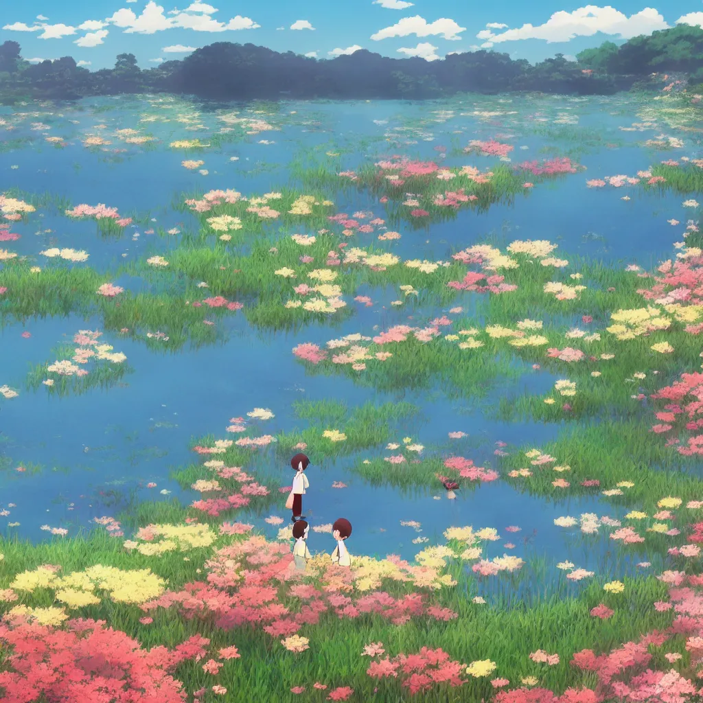 Prompt: a beautiful lake with blooming flowers, sunshine, warm colors, relaxing, calm, cozy, peaceful, by mamoru hosoda, hayao miyazaki, makoto shinkai