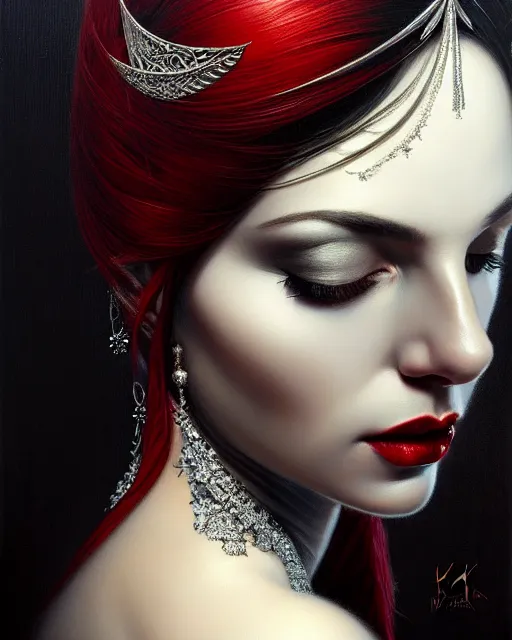 Image similar to portrait of a beautiful goddess, enigmatic beauty, dominant shades of black, silver, dark red, white, head in focus, ornamental aesthetics, intricate, elegant, highly detailed, hyperrealistiic painting, artstation, concept art, painterly, sharp focus, illustration, art by karol bak