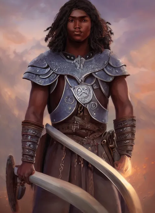 Image similar to An epic fantasy comic book style portrait painting of a young dark skinned long haired boy peasant with intelligent eyes in the style of the wheel of time, unreal 5, DAZ, hyperrealistic, octane render, cosplay, RPG portrait, dynamic lighting