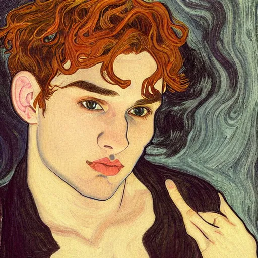 Image similar to painting of young cute handsome beautiful dark medium wavy hair man in his 2 0 s named shadow taehyung at the halloween pumpkin jack o'lantern party, depressed, melancholy, autumn, japan, elegant, clear, painting, stylized, delicate, soft facial features, delicate facial features, soft art, art by alphonse mucha, vincent van gogh, egon schiele