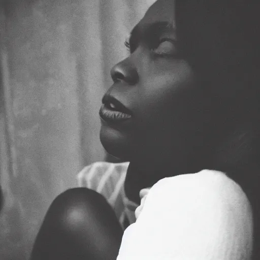 Image similar to candid photo of a black woman, kodak tri-x style, portrait, moody lighting