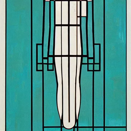 Image similar to art deco ‘dead space’, piet mondrian, femme bot, teal palette