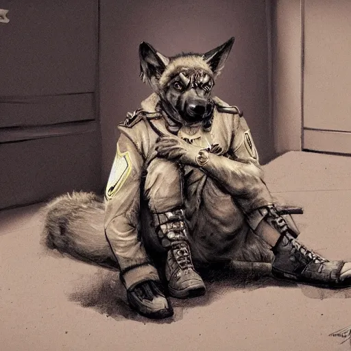 Image similar to a humanoid german shepherd beast - man in military style, sitting on the carpeted floor beside a bed, highly detailed portrait, digital painting, artstation, concept art, smooth, sharp foccus ilustration, artstation