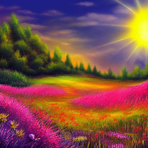 Prompt: beatiful meadow with colorful flowers, sun set, digital painting, concept art