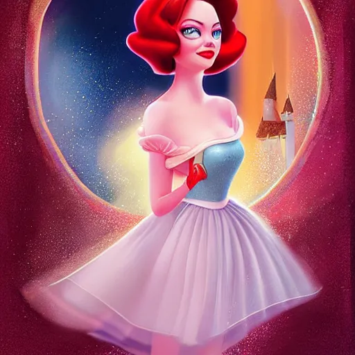 Image similar to digital painting of Emma Stone as a Disney princess wearing snow white's dress, Pixar style, professional studio lightening, volumetric lightening, photorealism by Tristan Eaton Stanley Artgerm and Tom Bagshaw