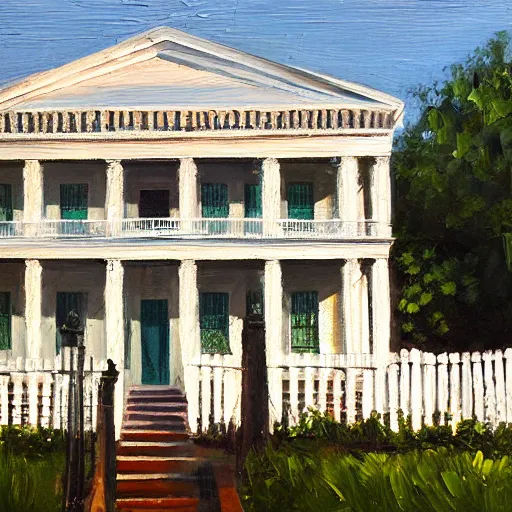 Image similar to oil painting of Greek Revival white mansion surrounded by a cast iron fence, dynamic lighting, award-winning