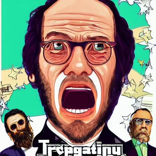 Image similar to upset delusional trippy conspiracy theorist person illustrated in the style of a GTA V poster, detailed, closeup