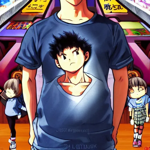 Prompt: shirt design, manga, realistic lighting, matte colors, made by toriyama akira, alpaca carlesi, front portrait of a girl, jpop clothing, sneaker shoes, arcade cabinet in background