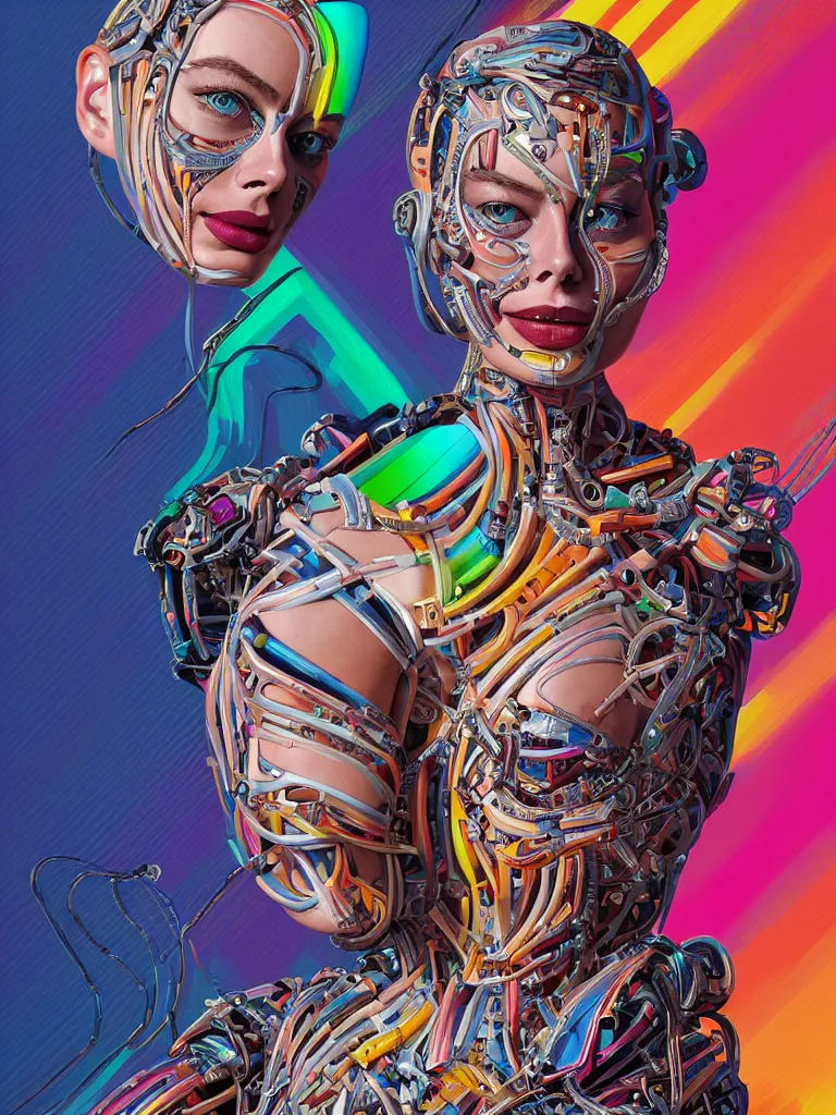 Prompt: Portrait of Margot Robbie wearing epic bionic cyborg implants of different vibrant colors, detailed intricate ornate cables connect torso to head, voluptuous body, portrait front face reference, by Dan Mumford and Naoto Hattori, extremely beautiful and proportionate, masterpiece, intricate, highly detailed, digital painting, Matrix Theme, artstation, concept art, crepuscular rays, smooth, sharp focus, illustration, background made from fractals of vibrant universe stars, cyberpunk colors, volumetric lighting, art by artgerm and james jean and Nick Sullo