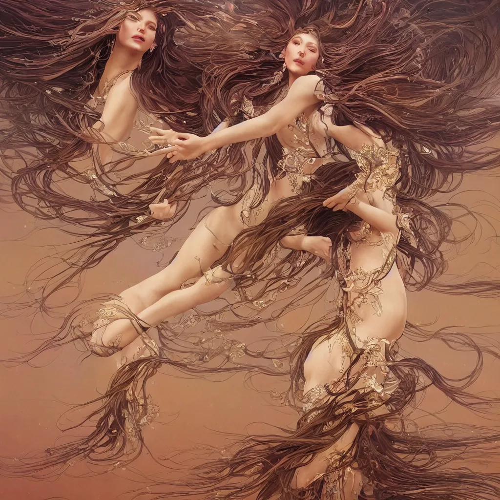 Prompt: full body of goddess dancing in desert, flowing hair, fantasy, surreal, intricate and very beautiful and elegant, highly detailed, digital painting, trending on artstation, concept art, smooth and sharp focus, illustration, art by tan zi and ayanamikodon and alphonse mucha and wlop