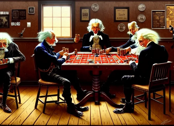 Image similar to in an old west saloon isaac newton and stephen hawkins and albert einstein playing poker, intricate, highly detailed, centered, digital painting, artstation, concept art, smooth, illustration, muted colors, art by norman rockwell and greg rutkowski and james gurney chuck close