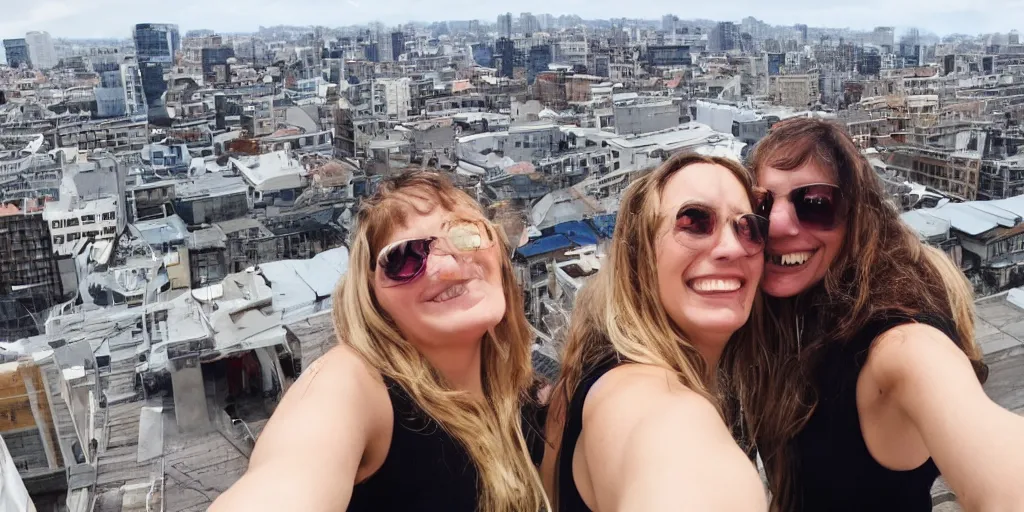 Prompt: selfie from behind, having fun, happy, pretty women, on a rooftop, travelling