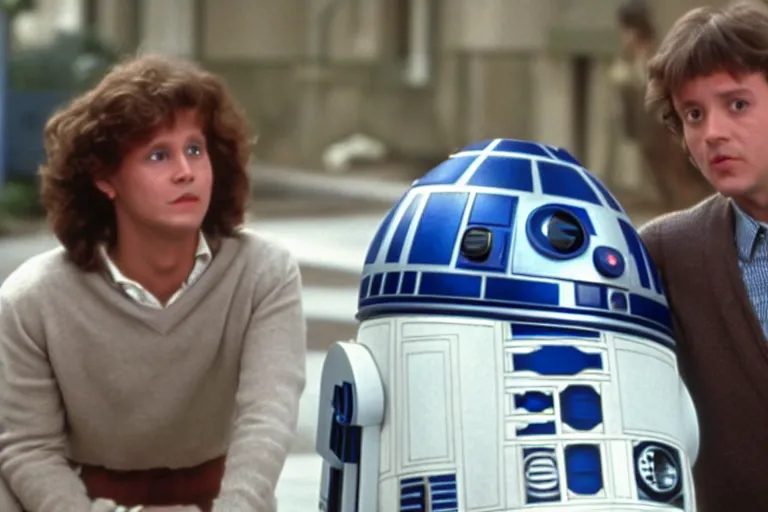 Prompt: a movie still from the 1989 romcom movie when Harry Met R2D2 starring Billy Crystal