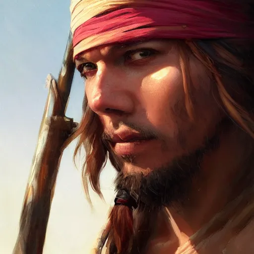 Image similar to pirate closeup portrait, dramatic light, lake background, 2 0 0 mm focal length, painted by stanley lau, painted by greg rutkowski, painted by stanley artgerm, digital art, trending on artstation