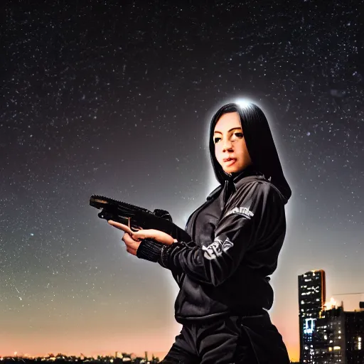 Image similar to photographic portrait of a techwear woman holding a Glock 18, closeup, on the rooftop of a futuristic city at night, sigma 85mm f/1.4, 4k, depth of field, high resolution, 4k, 8k, hd, full color