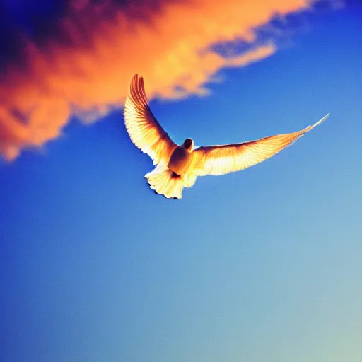 Prompt: Close-up realistic shot of a radiant shining white dove flying over the clouds at sunset, ethereal, vintage photograph, film grain, surreal, awe-inspiring, highly detailed, blue and orange color scheme