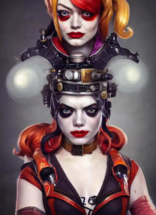 Image similar to steampunk portrait of emma stone as harley quinn, hyper detailed, digital art, trending in artstation, cinematic lighting, studio quality, smooth render, unreal engine 5 rendered, octane rendered, art style by klimt and nixeu and ian sprigger and wlop and krenz cushart.