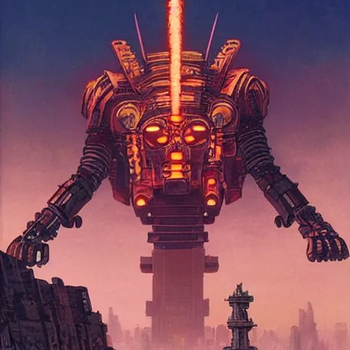 Image similar to giant mayan cyberpunk mecha with flaming eyes standing over city, perfectly clear face, shadow of the colossus screenshot by j. c. leyendecker, simon stalenhag, studio ghibli, and beksinski