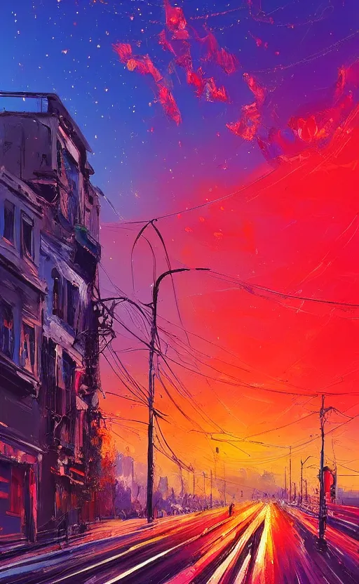 Prompt: a beautiful illustration of sofia bulgaria at sunset, art of alena aenami, featured on artstation, vertical orientation, paint brush strokes, expressionism, brushstroke - laden, breathtaking clouds, traffic lights, wet concrete, beauttiful stars, cables, long exposure, gigantic sun, airy theme, red purple gradient, lens flare