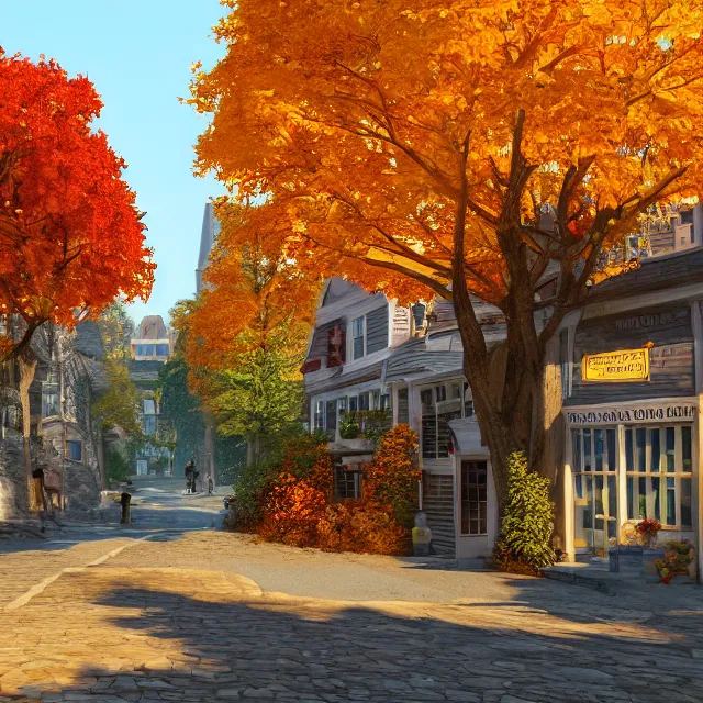 Image similar to pretty colonial city street with shops and pumpkins, maple trees with fall foliage, new hampshire mountain, stone walls, volumetric, realistic, cinematic lighting, ray tracing, unreal engine 5, octane render, hyper realistic, photo, 8 k