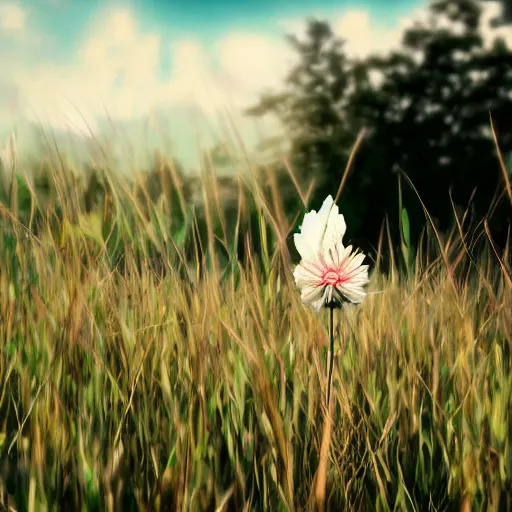 Prompt: A flower standing tall in a grass field, digital art but as photography, anime style