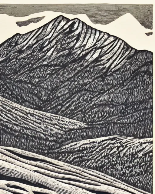 Prompt: an award winning Wood engraving on paper of Canadian mountains