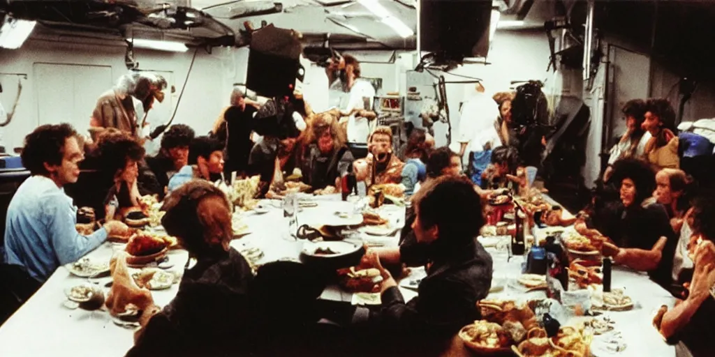 Image similar to color film still, behind the scenes of filming, actors eating lunch. ; alien 2 ( 1 9 8 6 )