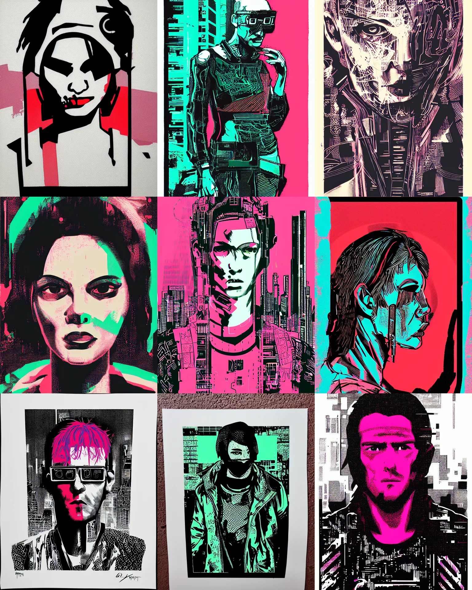 Image similar to a silkscreen print cyberpunk portrait