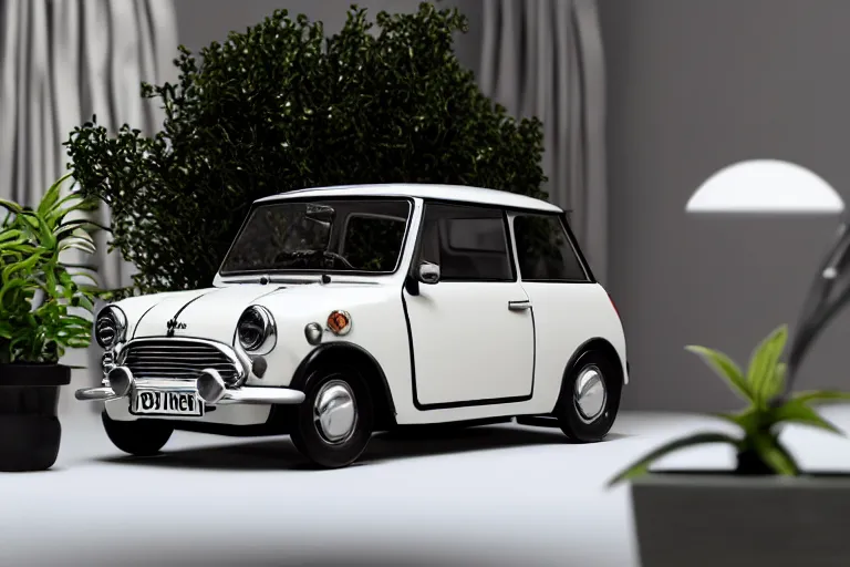 Image similar to a small miniature of a Mini Cooper S 1963 on a white table near a vase with a plant near a window at sunset, 3d render, unreal engine 5, octane render, 4k, low contrast, ray tracing, serene landscape, calm, relaxing, beautiful landscape, highly detailed, high quality, product photo, hyperrealistic, concept art, symmetrical, centered, godrays